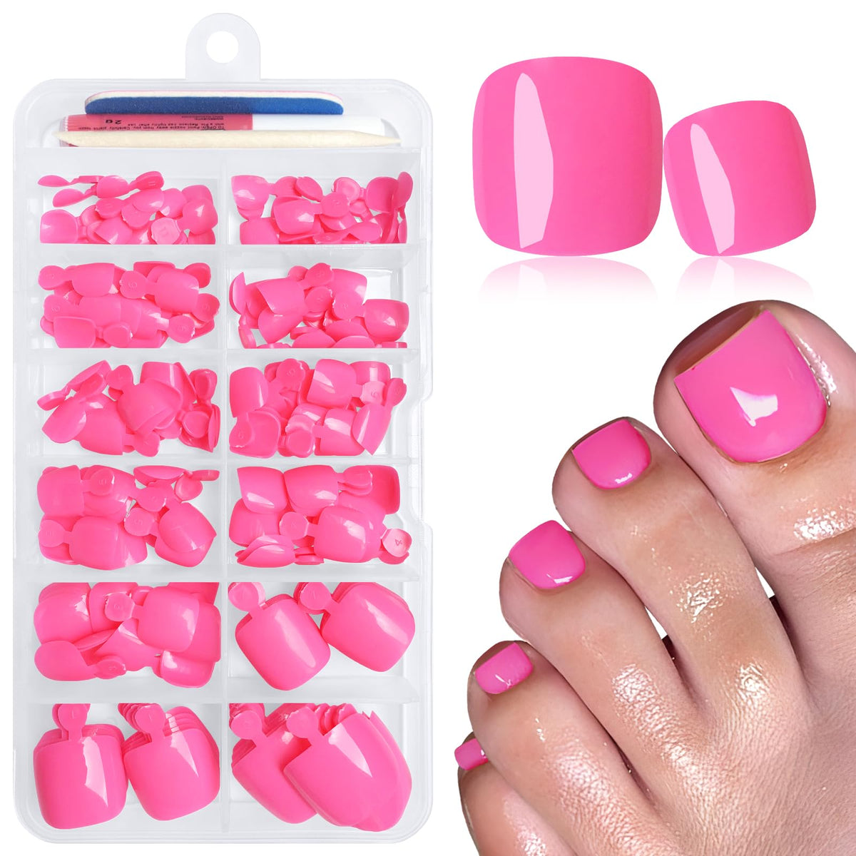 LuckForever 168pc hot pink press on toenails kit front view
