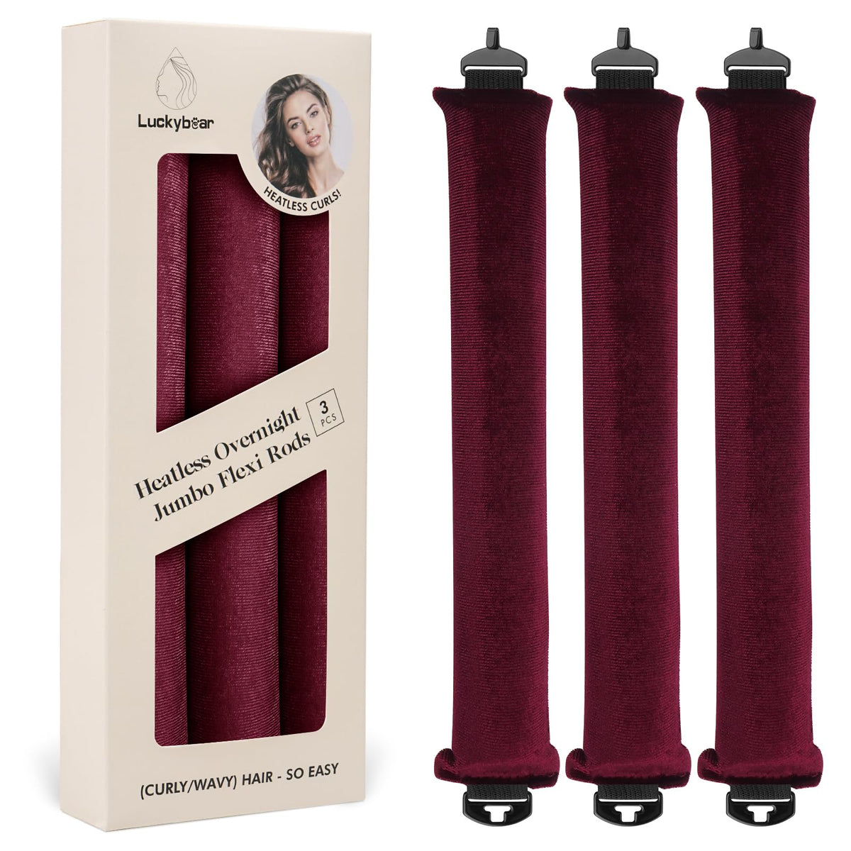 Luckybear Overnight Heatless Hair Curler Jumbo Satin Flexi Rods in Wine