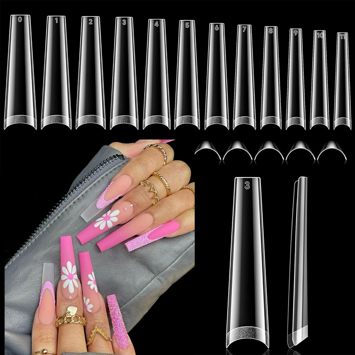 Luckyfairy 2XL Coffin Nail Tips 120Pcs clear half cover front view