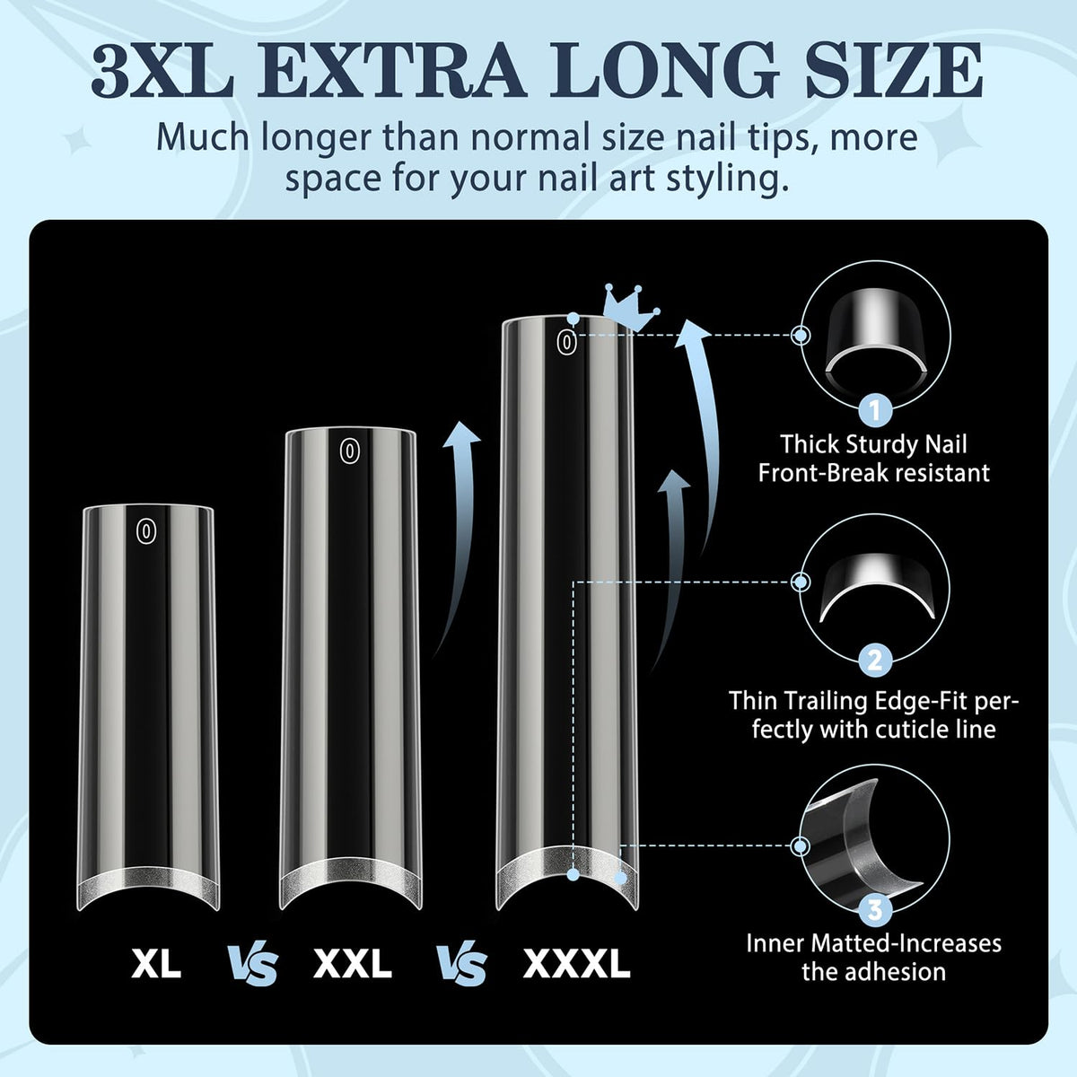 Luckyfairy 3XL Square Acrylic Nail Tips showing size options