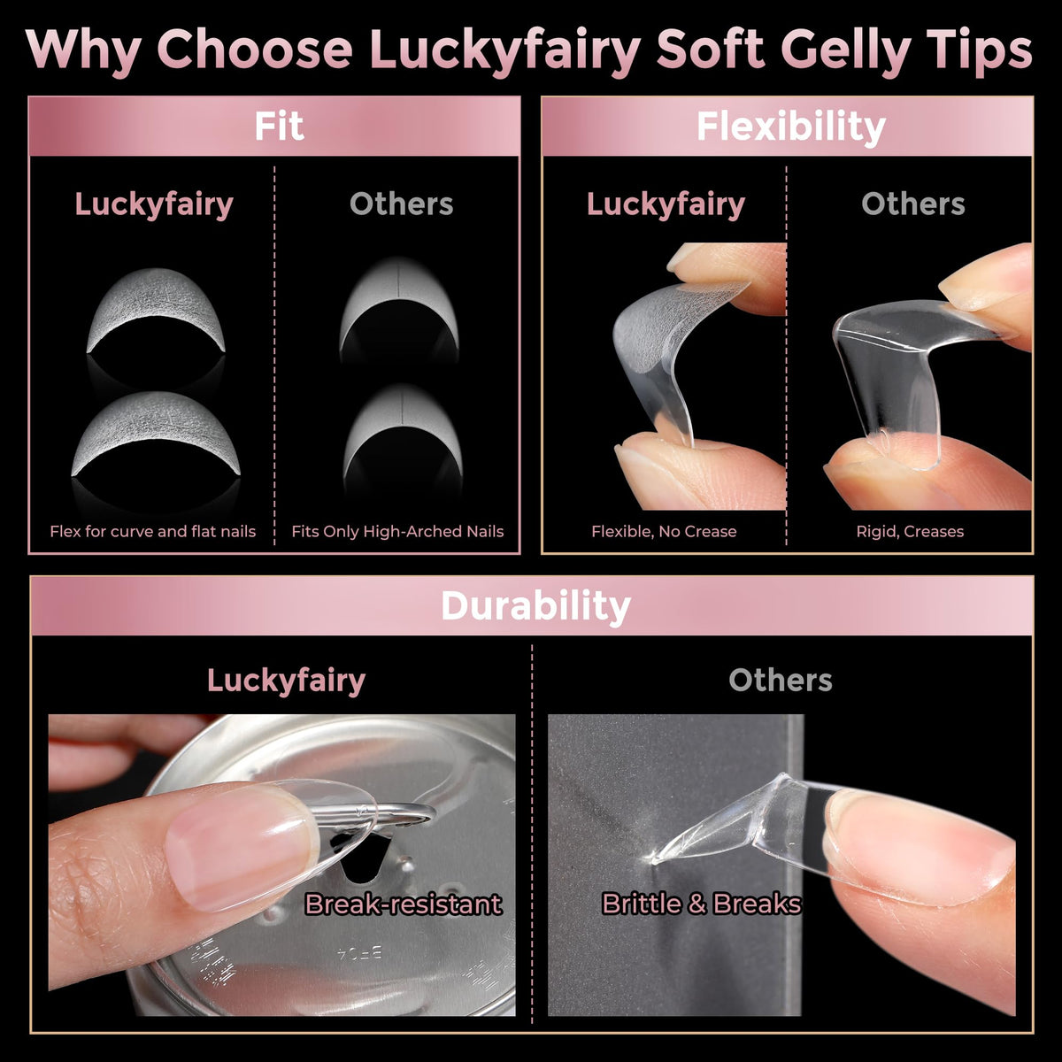 Luckyfairy Almond Nail Tips showing half matte finish