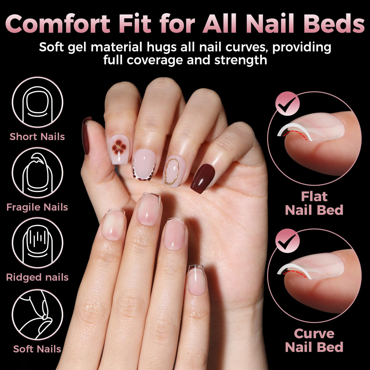 Luckyfairy Extra Short Coffin Nail Tips in various sizes displayed