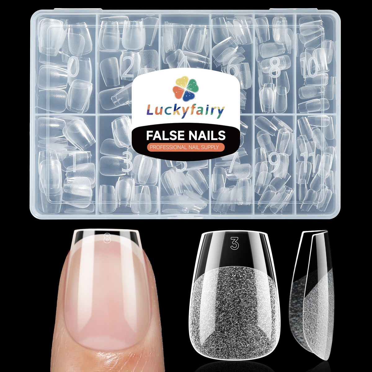 Luckyfairy Extra Short Coffin Nail Tips pack front view with 240 pieces
