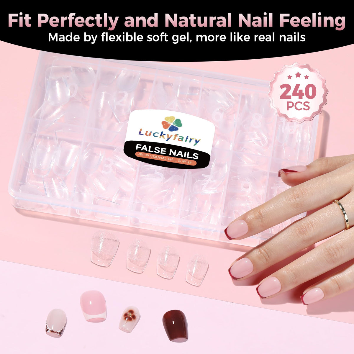 Luckyfairy Extra Short Coffin Nail Tips showing flexibility and clarity