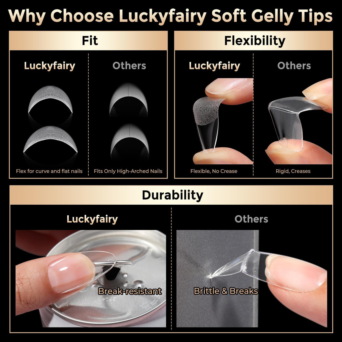 Luckyfairy Medium Almond Nail Tips displayed with nail care accessories
