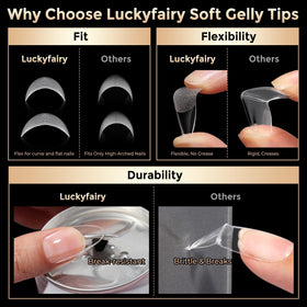 Luckyfairy Medium Almond Nail Tips displayed with nail care accessories