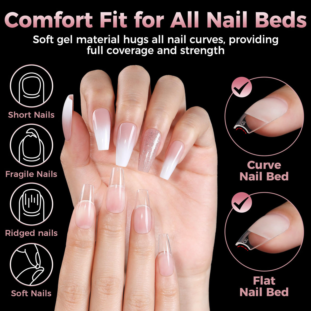 Luckyfairy Medium Gel Coffin Nail Tips displayed in a neat arrangement