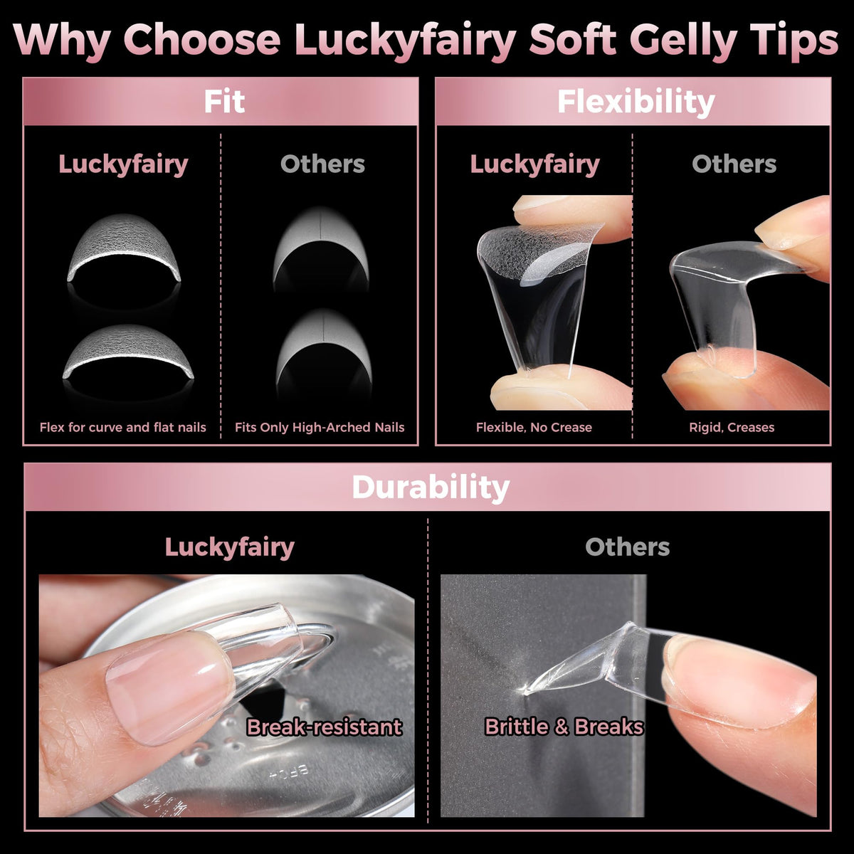 Luckyfairy Medium Gel Coffin Nail Tips with glue for application