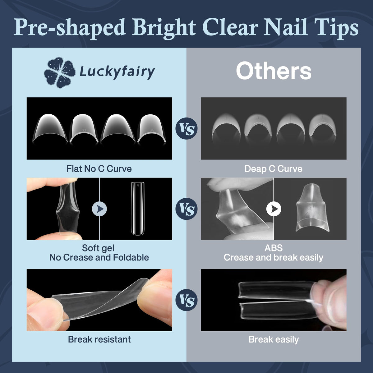 Luckyfairy nail tips applied on nails in various styles