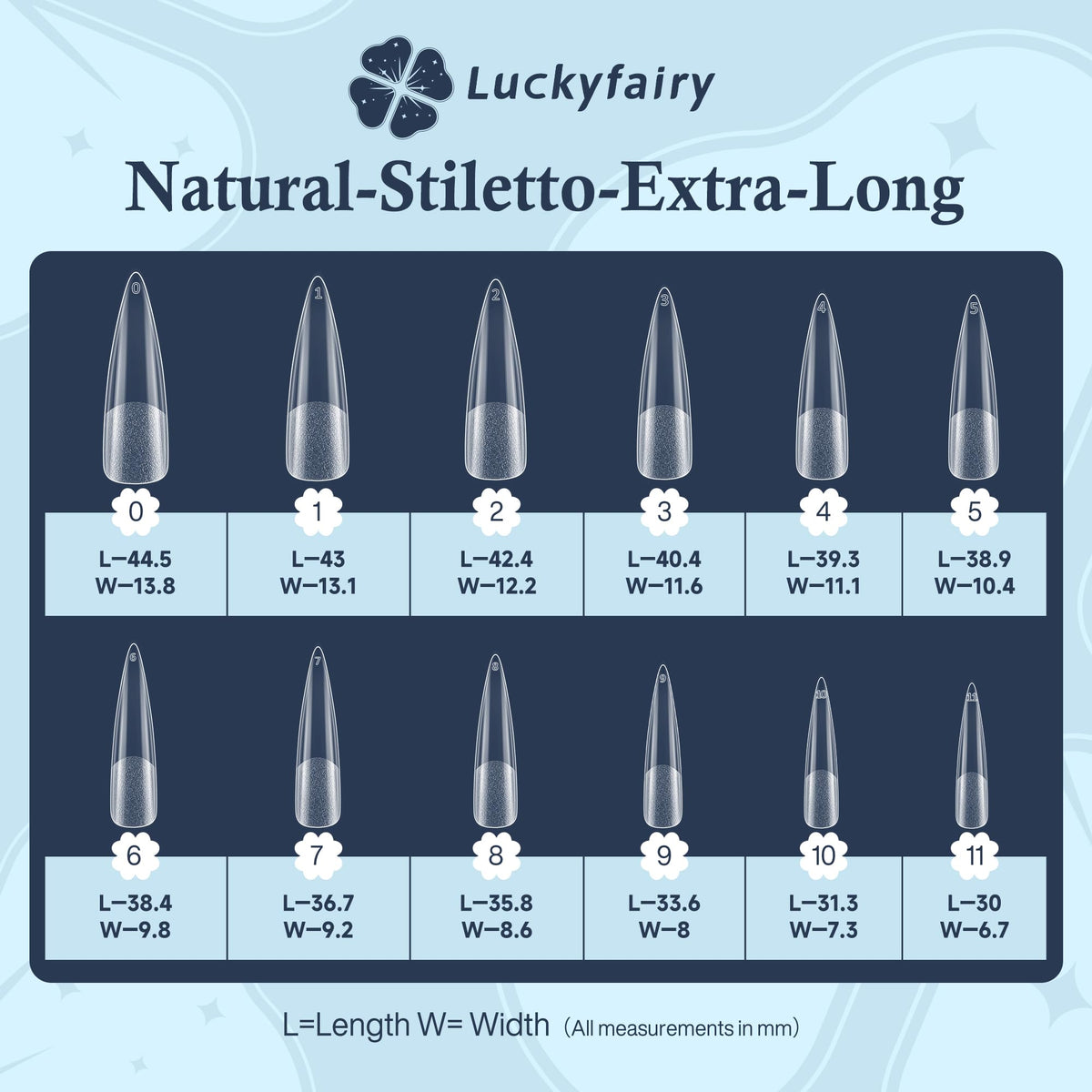 Luckyfairy nail tips arranged by size