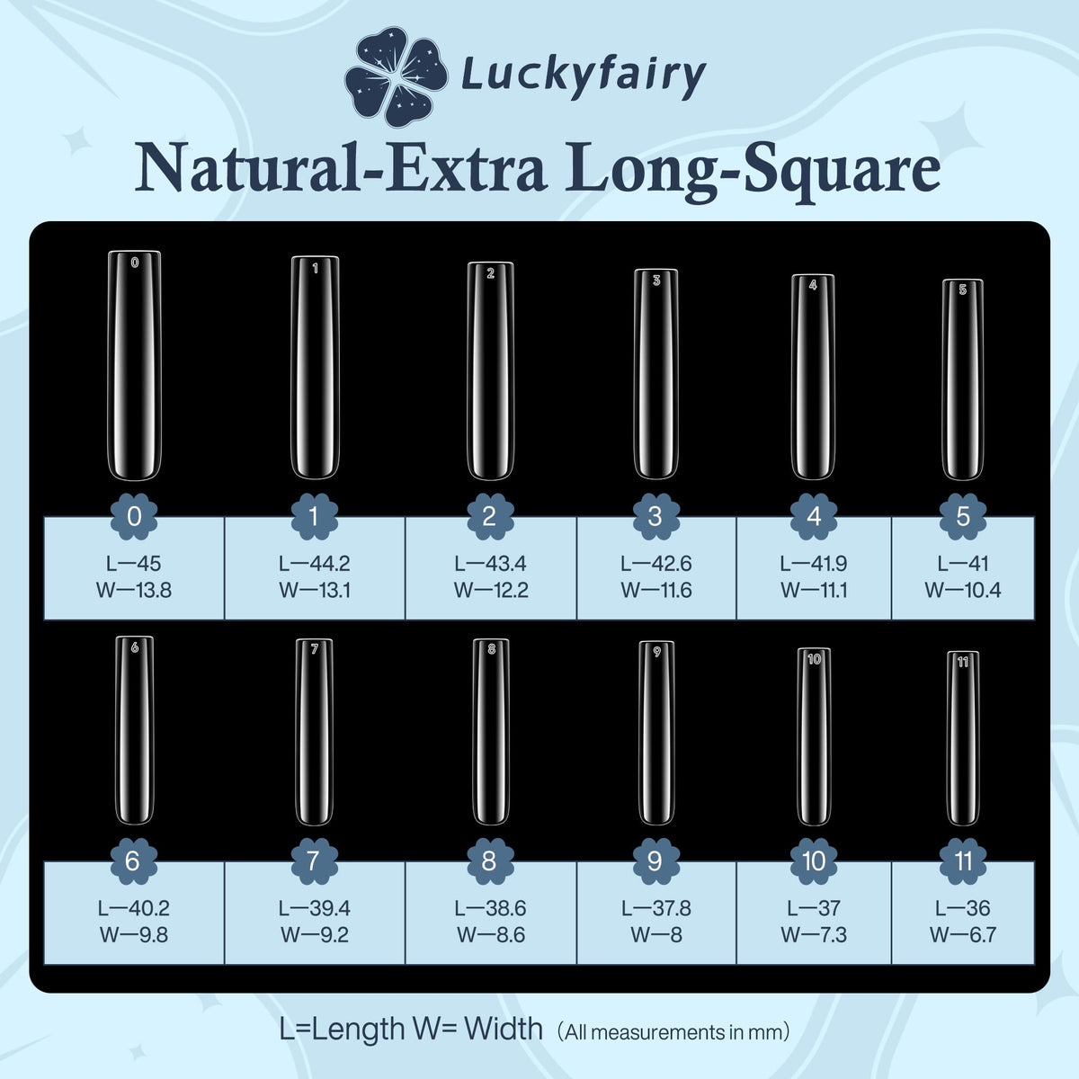 Luckyfairy nail tips arranged in size order