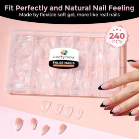 Luckyfairy Short Almond Nail Tips on a nail art display