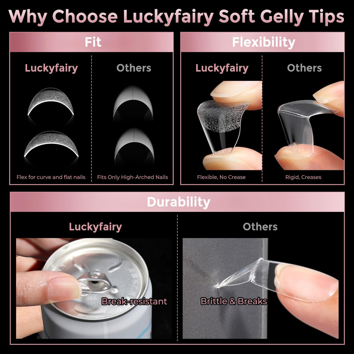 Luckyfairy Short Almond Nail Tips showing flexibility