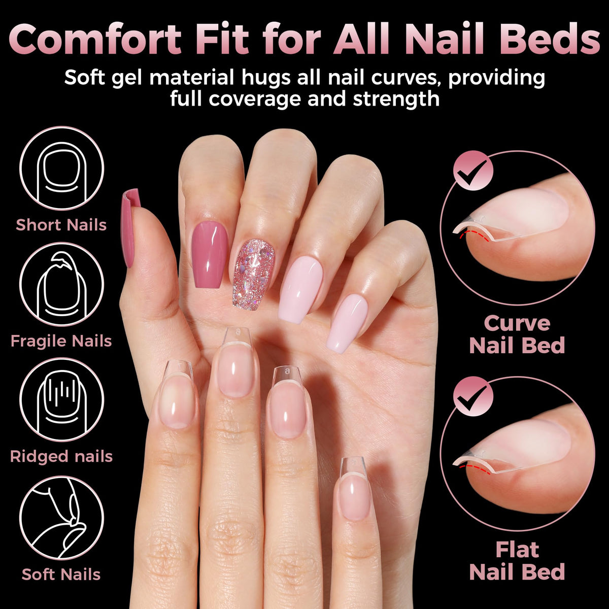 Luckyfairy Short Coffin Fake Nails in various sizes