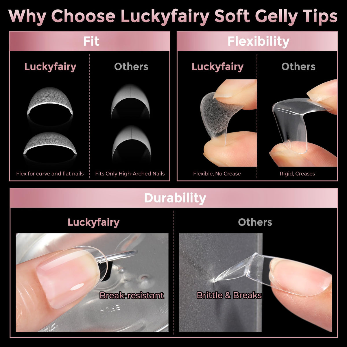 Luckyfairy Short Round Nail Tips with nail art tools