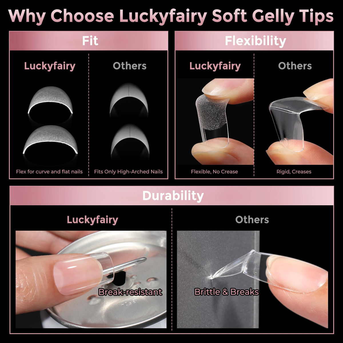Luckyfairy Short Square Nail Tips showing half matte finish