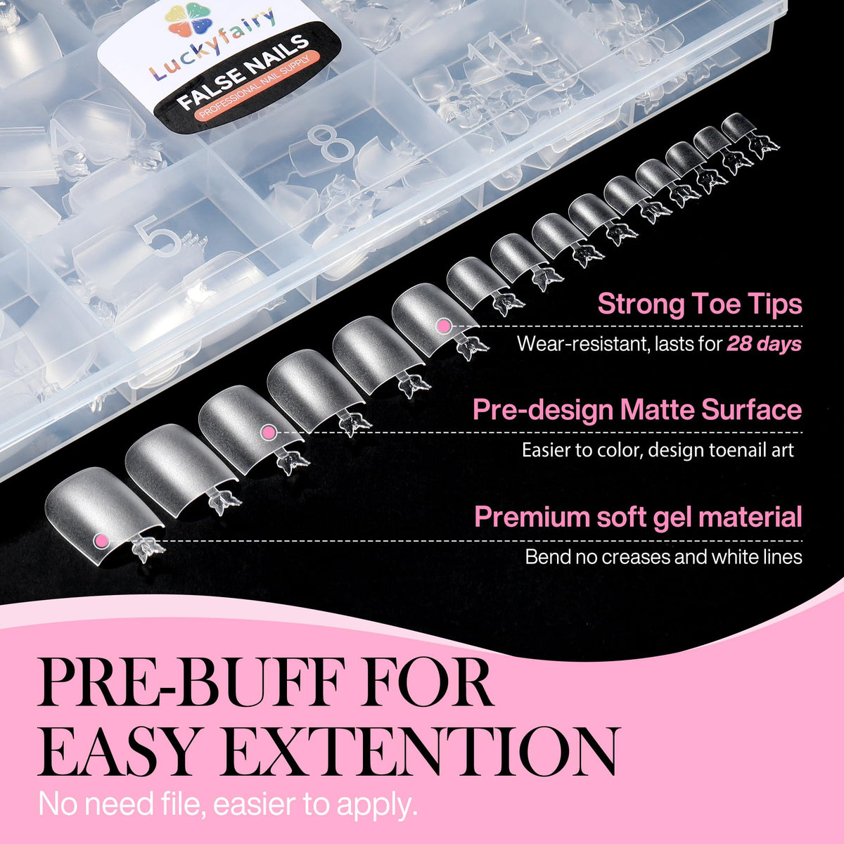 Luckyfairy Square Toe Nail Tips with clear acrylic finish