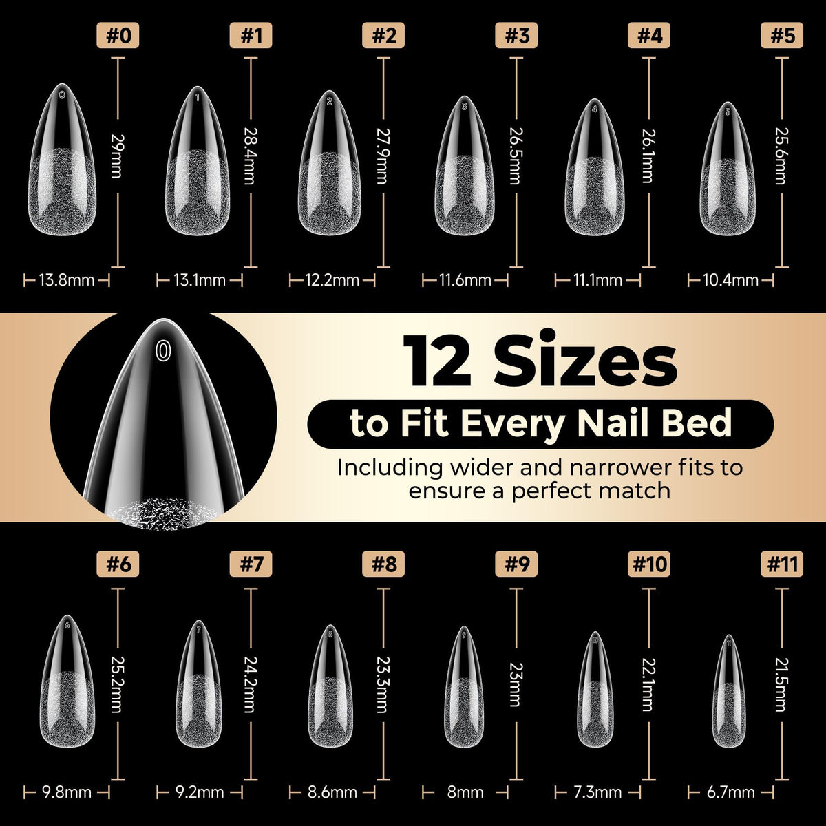 Luckyfairy stiletto nail tips arranged by size