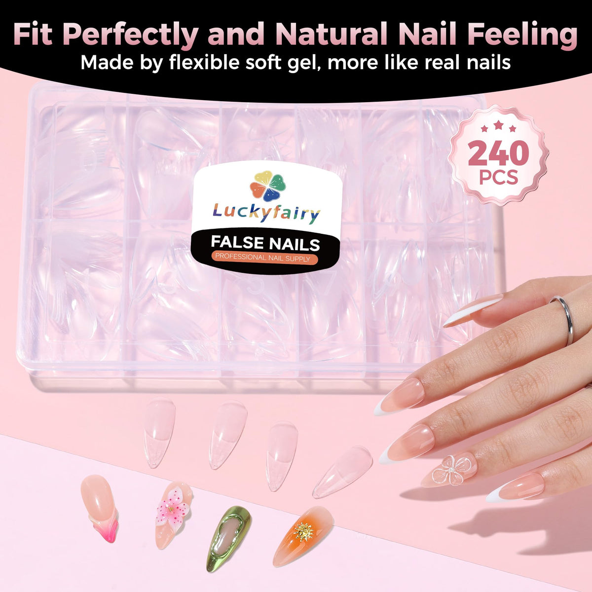 Luckyfairy Stiletto Nail Tips demonstrating natural fit on nails