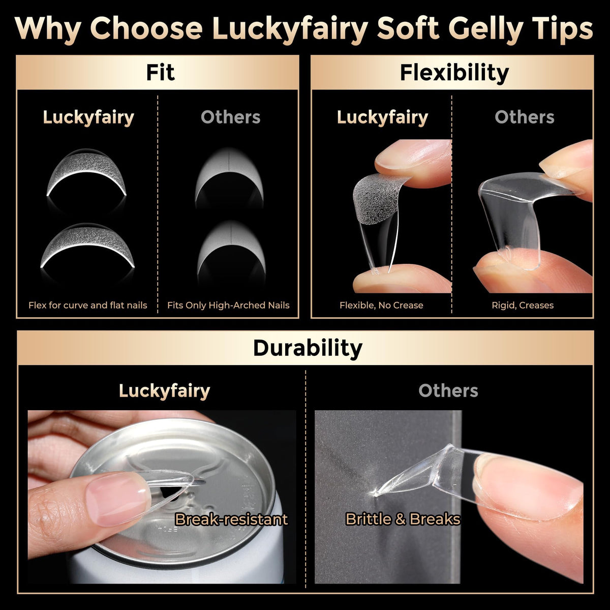 Luckyfairy stiletto nail tips showing the inner frosted texture