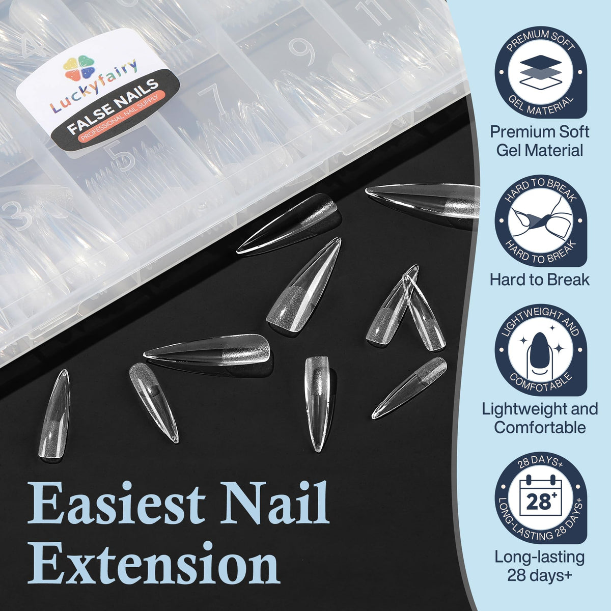 Luckyfairy XXL Stiletto Nail Tips with acetone for removal