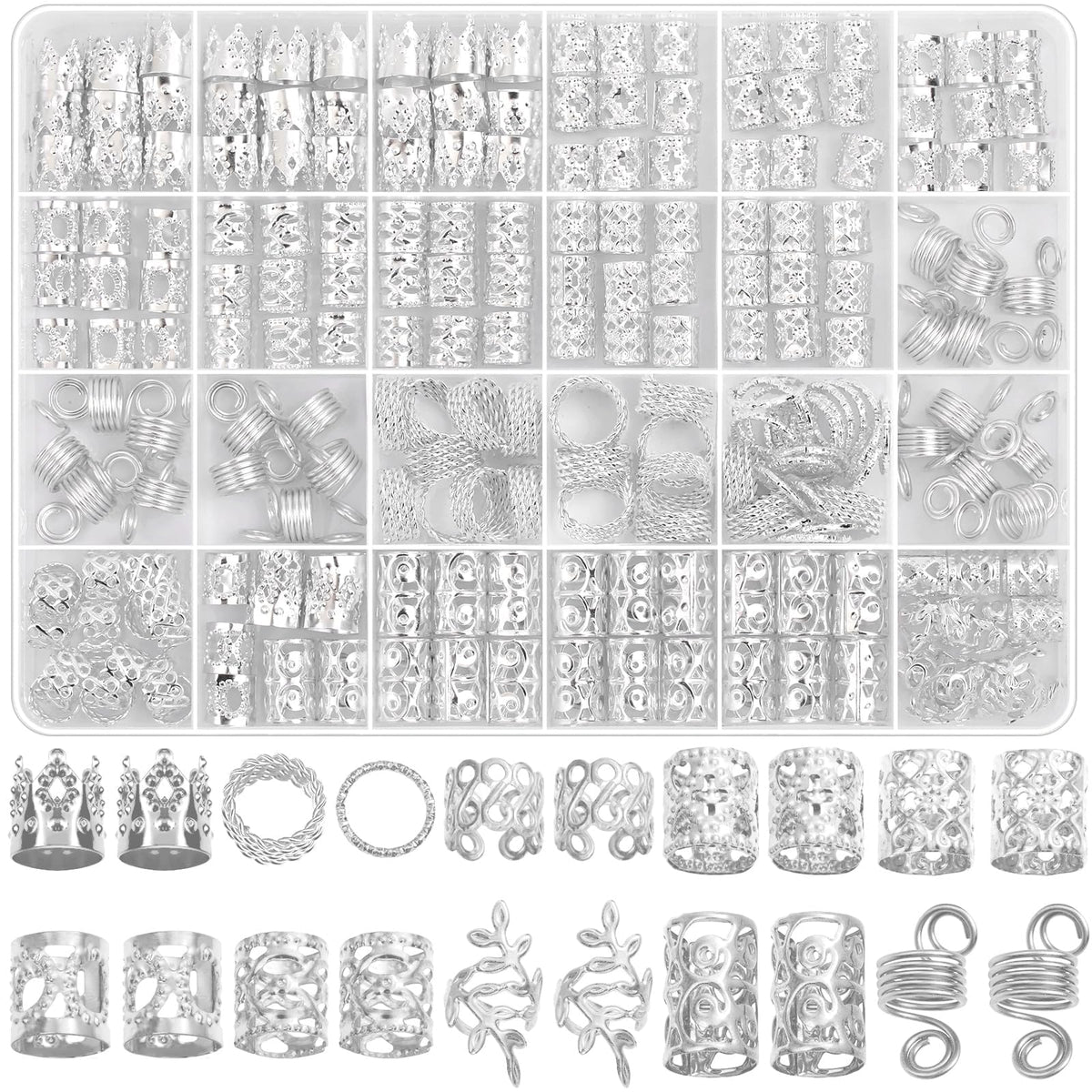 Lucomb 220 Pcs Silver Hair Jewelry assorted styles in clear storage box