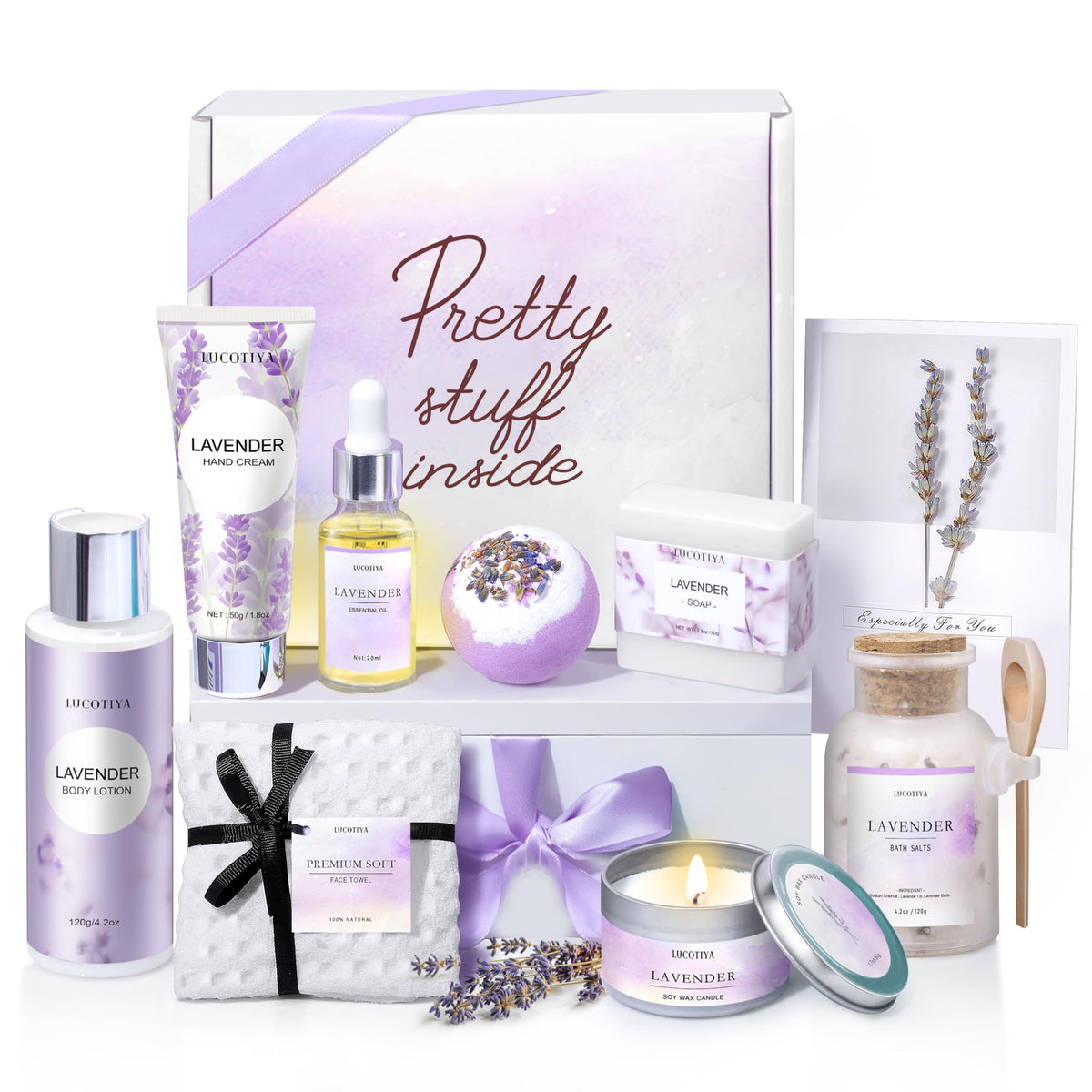 LUCOTIYA Lavender Spa Gift Basket front view with elegant packaging