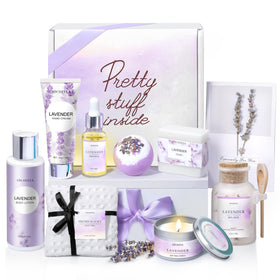 LUCOTIYA Lavender Spa Gift Basket front view with elegant packaging