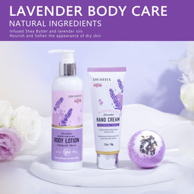 LUCOTIYA Lavender Spa Gift Set displayed with artificial flowers