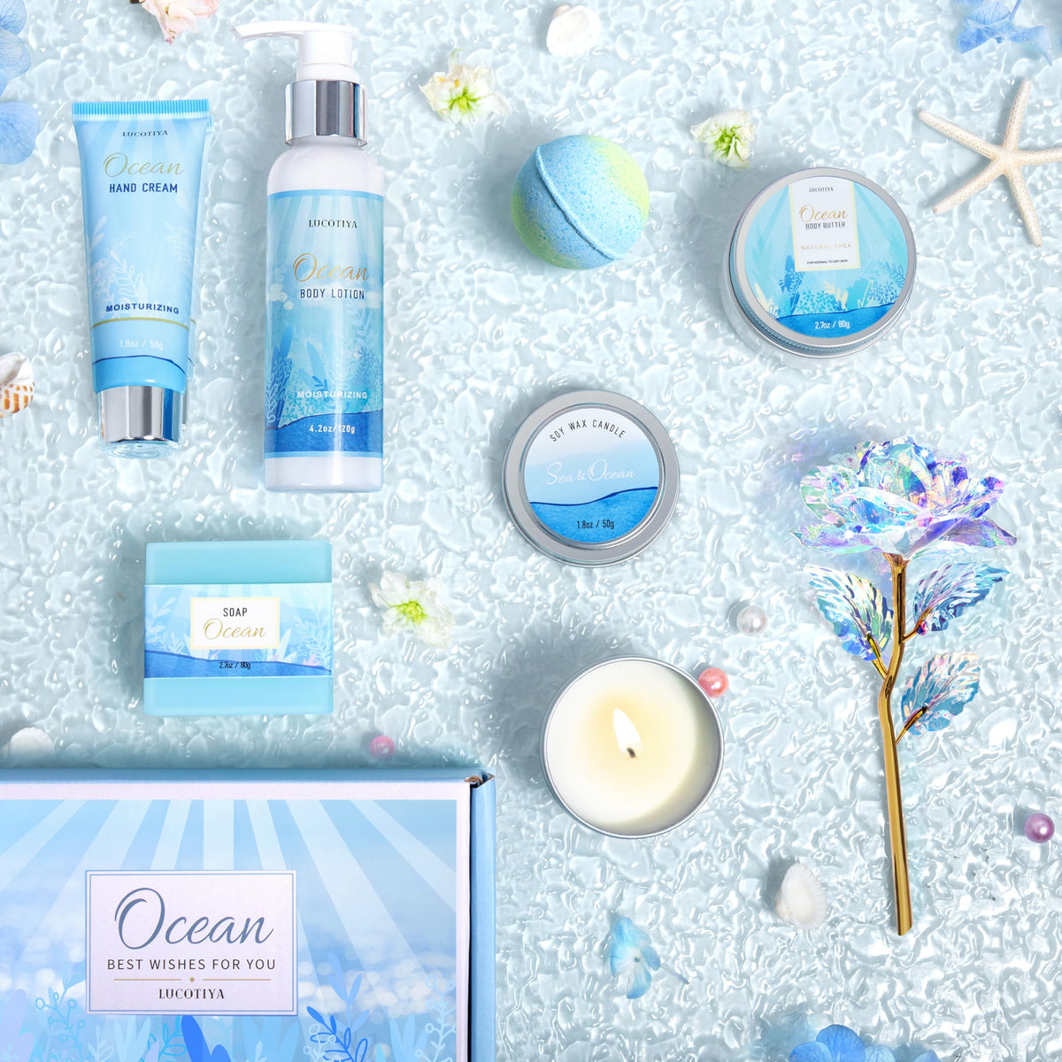 LUCOTIYA Ocean Scented Spa Gift Set contents including candles and lotion
