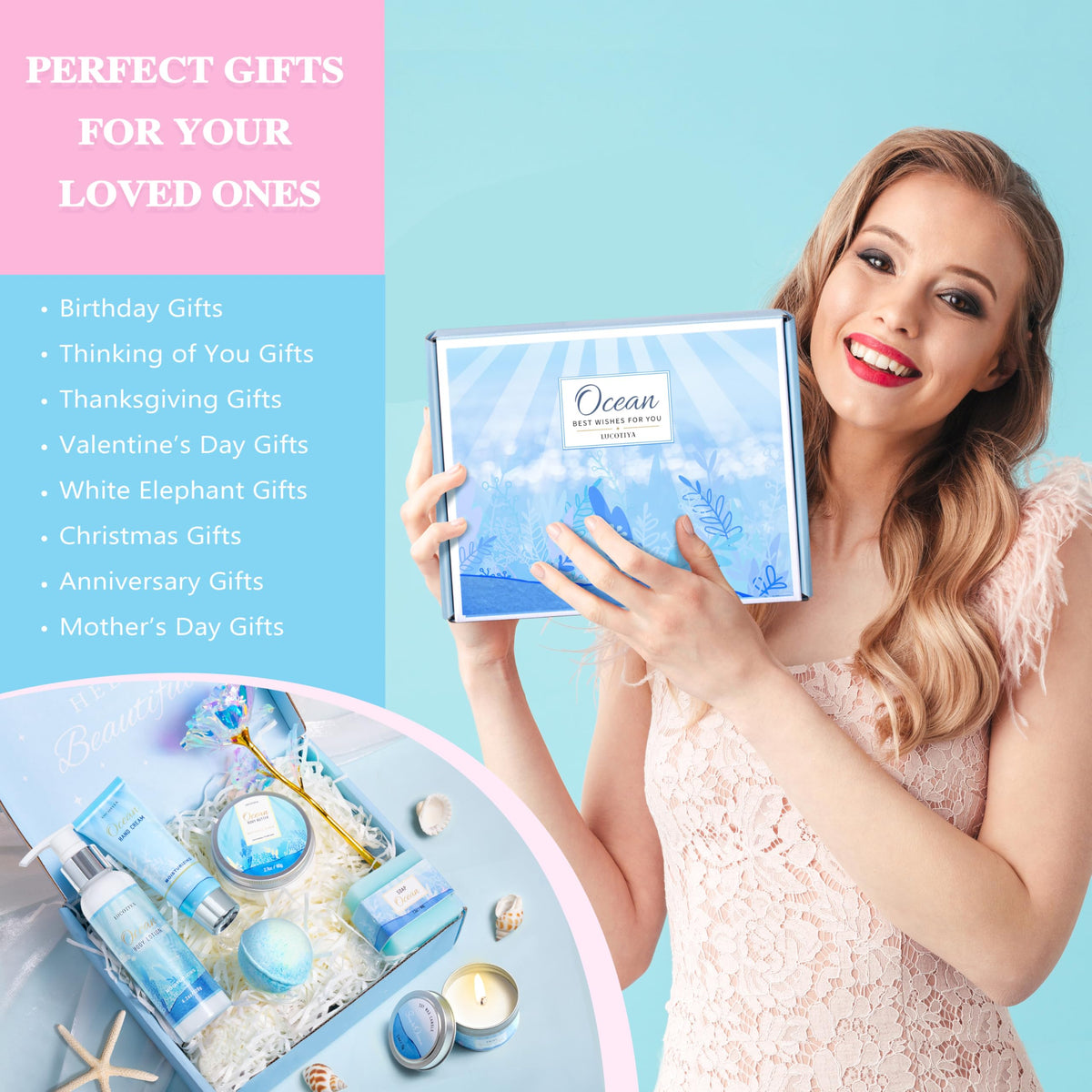 LUCOTIYA Ocean Scented Spa Gift Set displayed with ocean backdrop