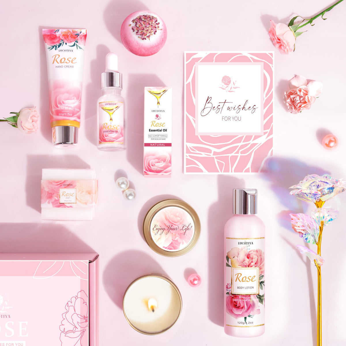 LUCOTIYA Rose Essential Oil bottle and handmade soap