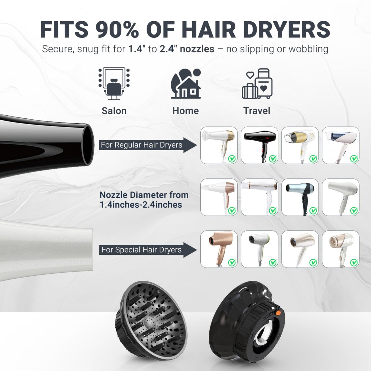 Ludvento Hair Diffuser side view showing silicone adapter