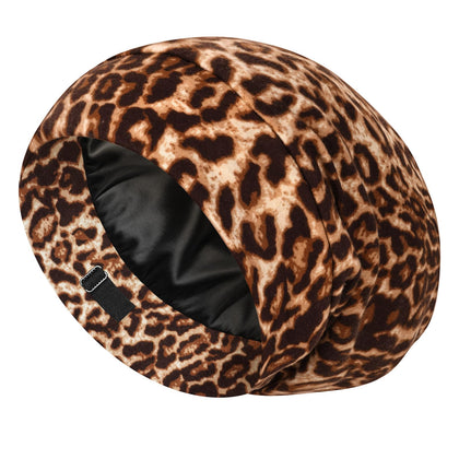LULUSILK 100% Mulberry Silk Bonnet front view in brown leopard