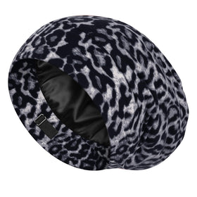 LULUSILK Mulberry Silk Lined Sleep Cap in Black Leopard design front view