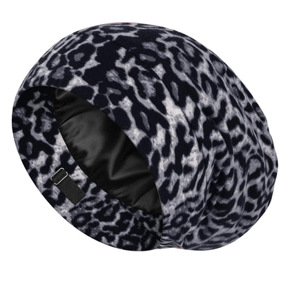 LULUSILK Mulberry Silk Lined Sleep Cap in Black Leopard design front view