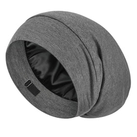 LULUSILK Mulberry Silk Lined Sleep Cap in dark grey front view
