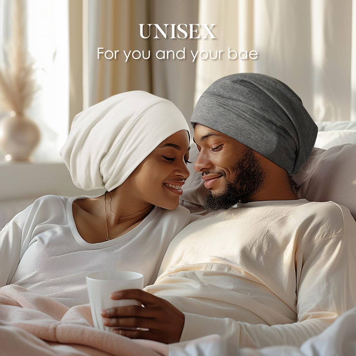 LULUSILK Silk Sleep Cap worn by a woman in bed