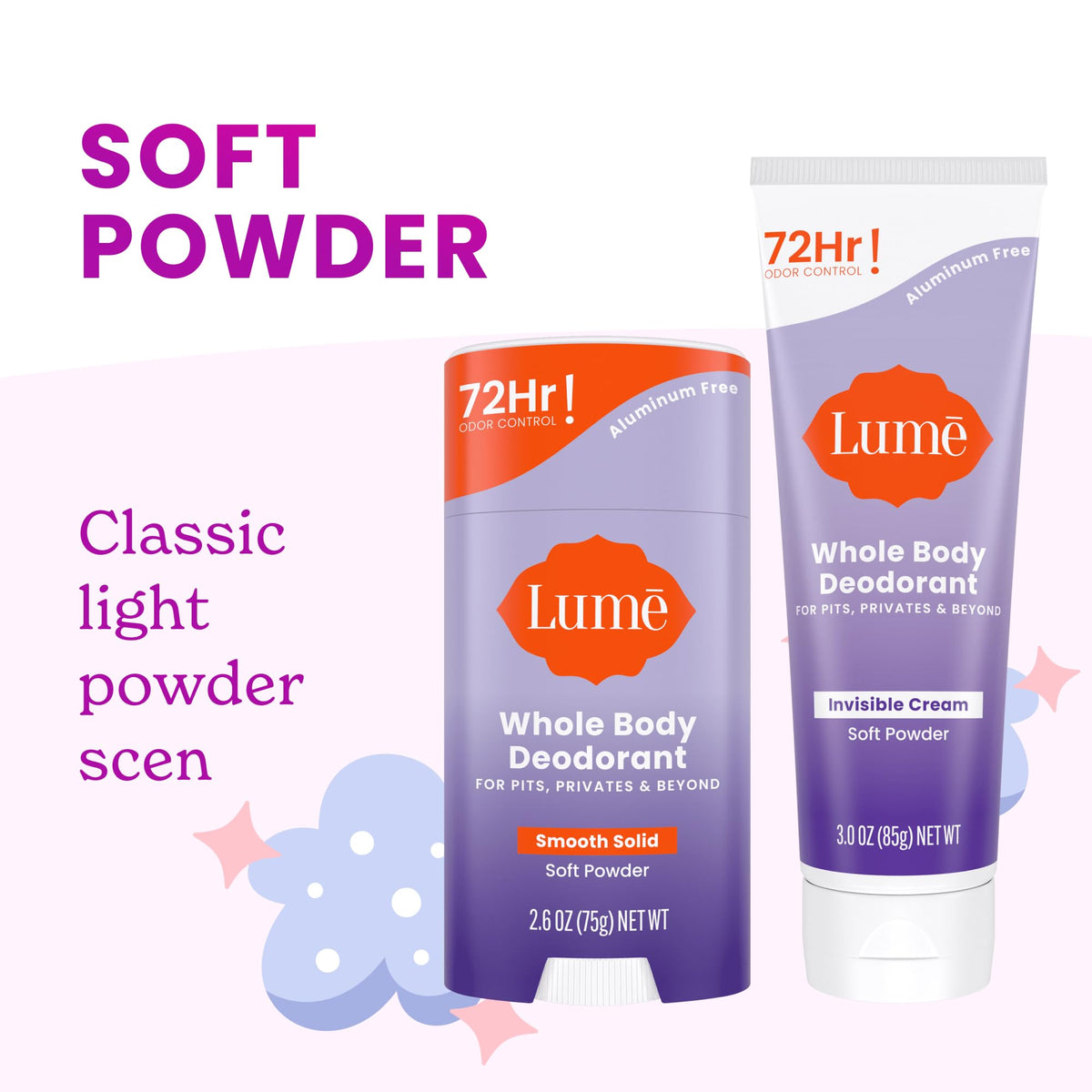 Lume deodorant cream and stick on a bathroom counter