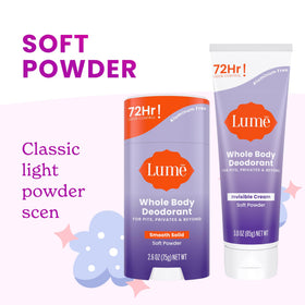 Lume deodorant cream and stick on a bathroom counter