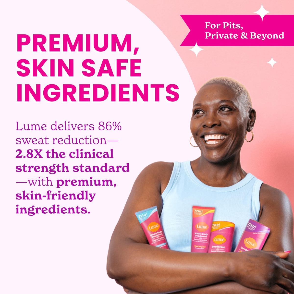 Lume deodorant cream application on skin, pea-sized amount