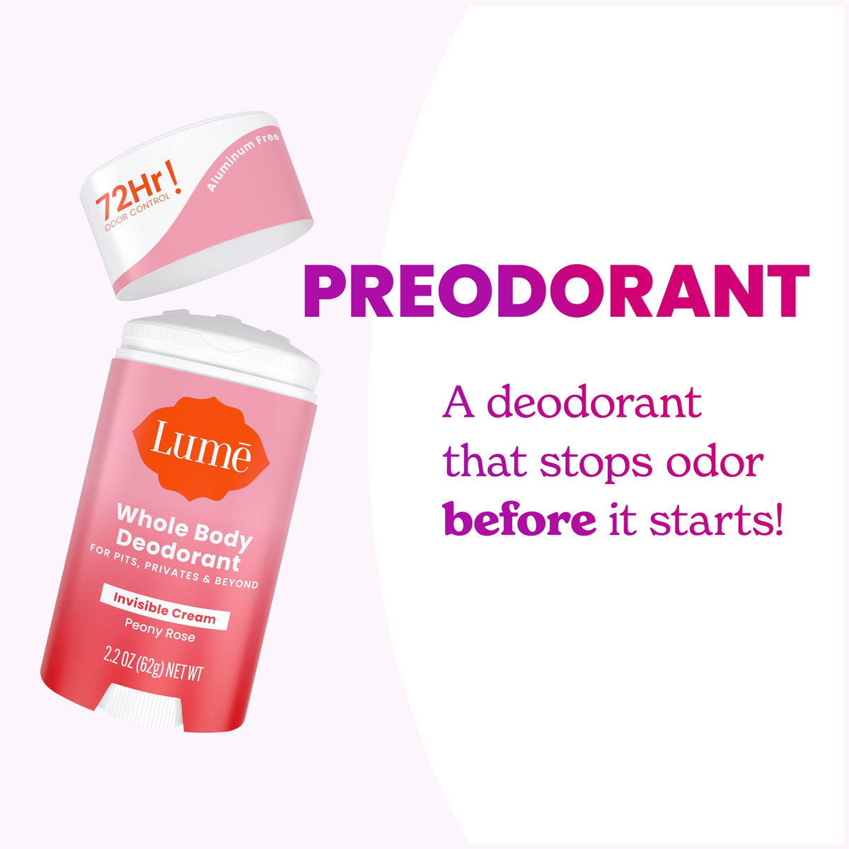 Lume Deodorant Cream Stick Peony Rose on a bathroom shelf