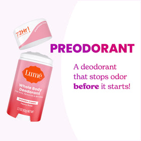 Lume Deodorant Cream Stick Peony Rose on a bathroom shelf