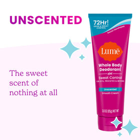 Lume deodorant cream tube with a pea-sized amount applied