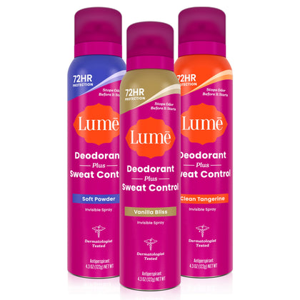 Lume Sweat Control Deodorant Spray 3 pk with Soft Powder and Clean Tangerine scents