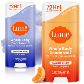 Lume Whole Body Deodorant Cream Stick front view with clean tangerine scent