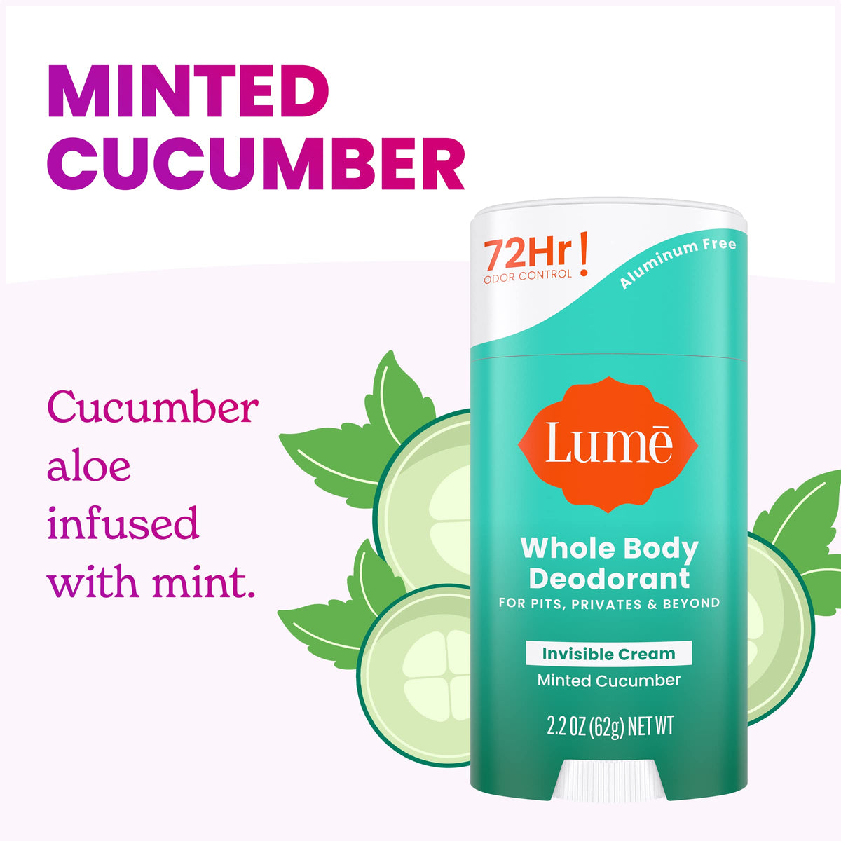 Lume Whole Body Deodorant Cream Stick Minted Cucumber side view