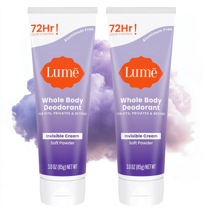 Lume Whole Body Deodorant Cream Tube 3 oz front view with Soft Powder scent