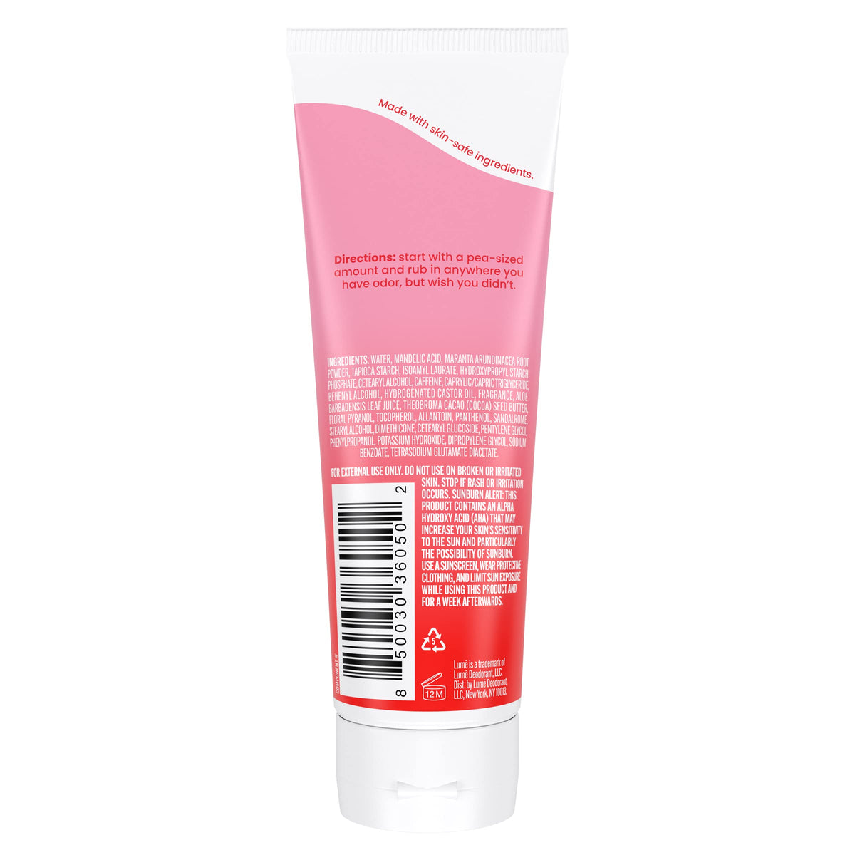 Lume Whole Body Deodorant Cream Tube 3 oz Peony Rose on bathroom shelf