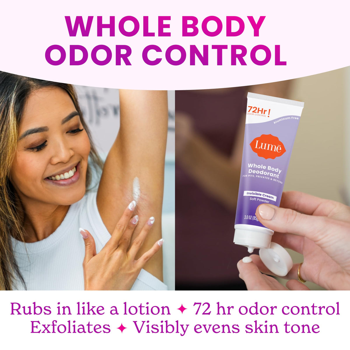 Lume Whole Body Deodorant Cream Tube on a bathroom counter